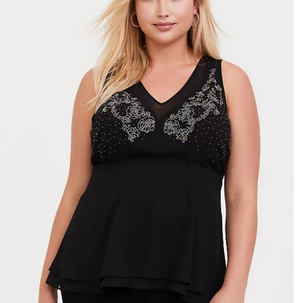 ❤️6 items for $30 Torrid Black Chiffon Embellished Double Layer Peplum Tank EUC